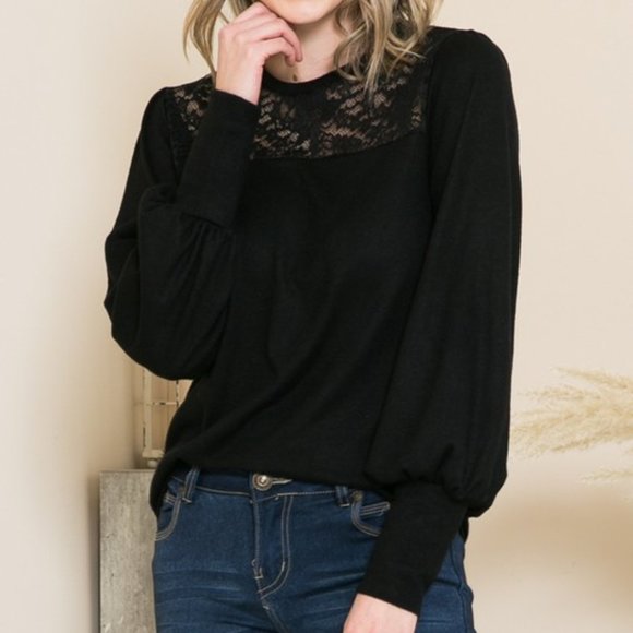 Black Lace Yoke Knit Top with Puff Sleeves - Picture 2 of 4